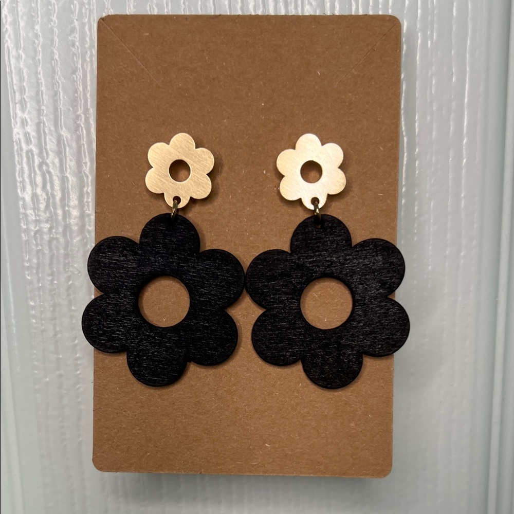 Floral Drop Earrings - Black Flower with Gold Accent